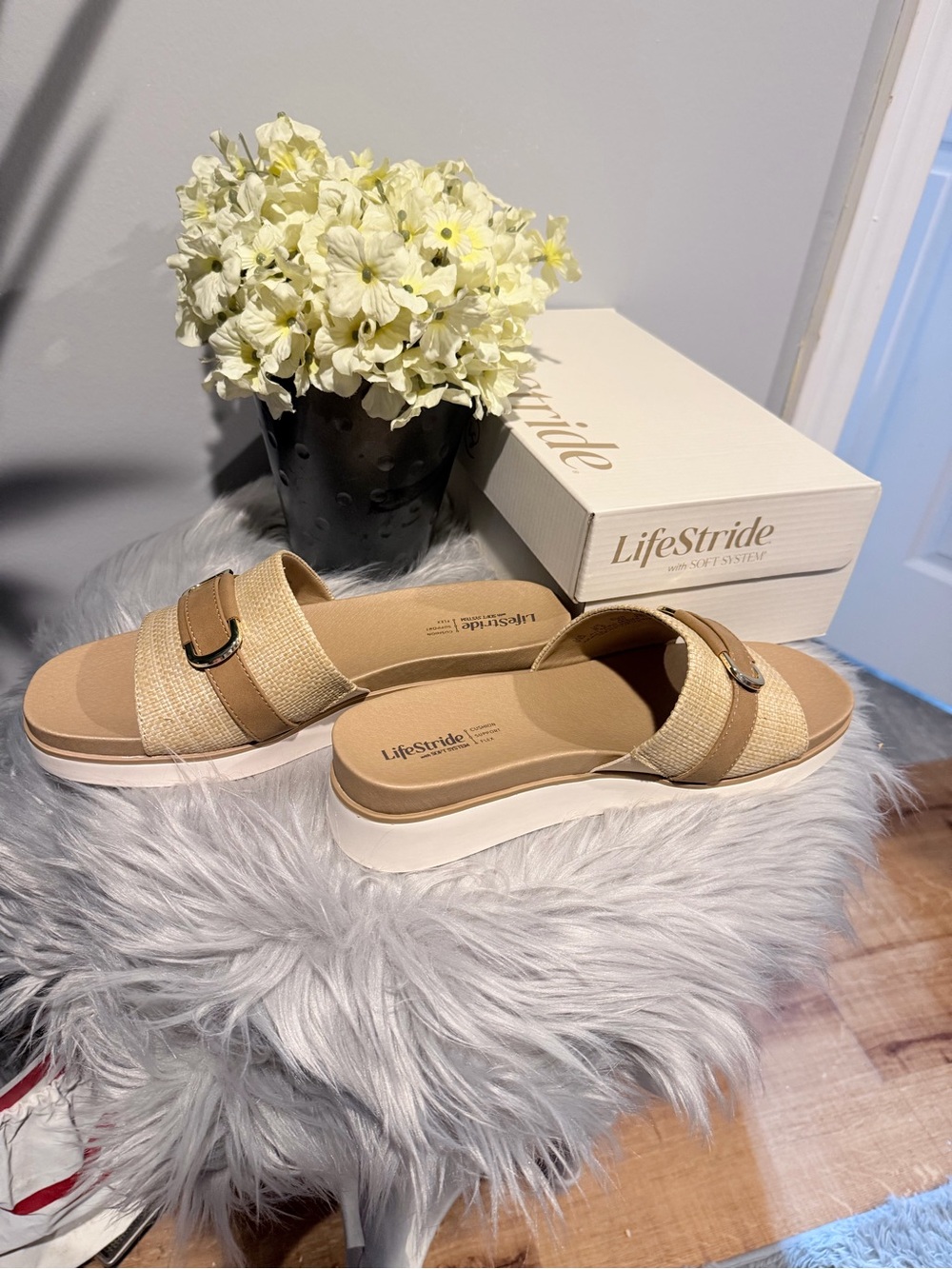 Life Stride Women's Tan Slide Sandals with Buckle Detail